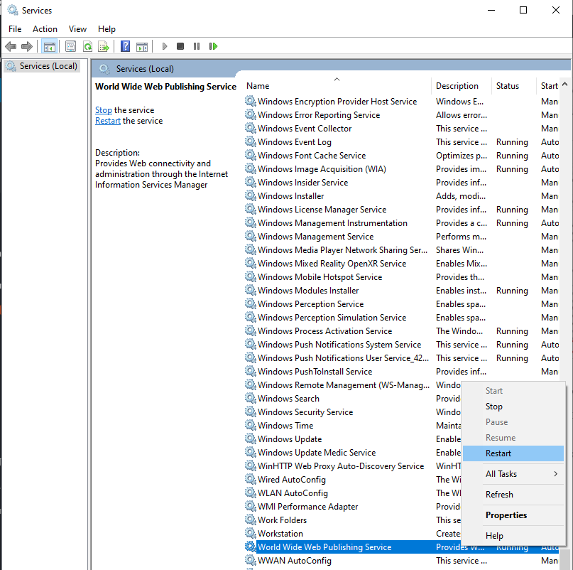Restart World Wide Web Publishing Service