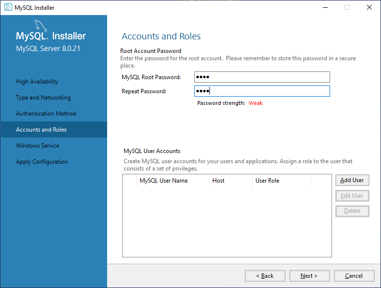 Configure root password and other accounts