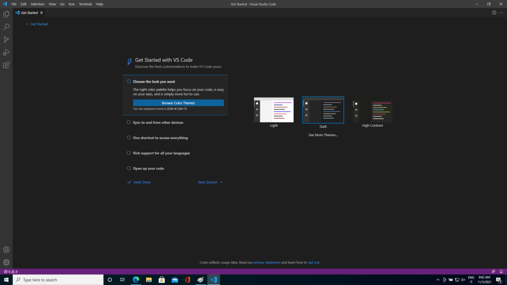 Visual Studio code in execution