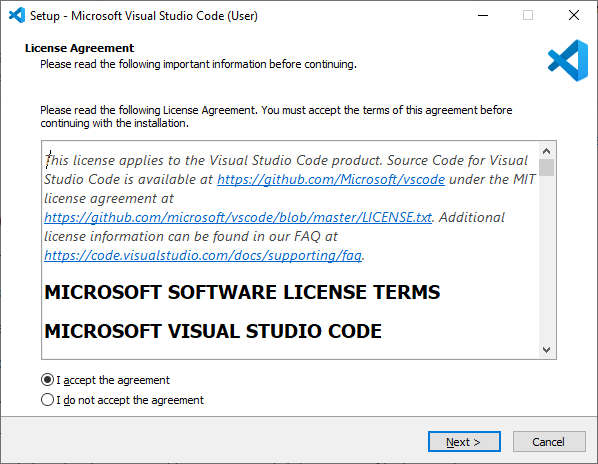 Visual Studio code setup (license agreement)