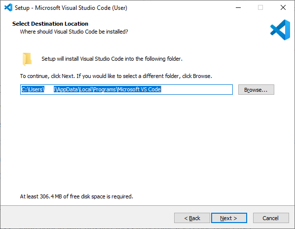 Visual Studio code setup (installation path selection)