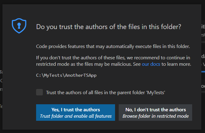 Visual Studio Code "Trust authors" window