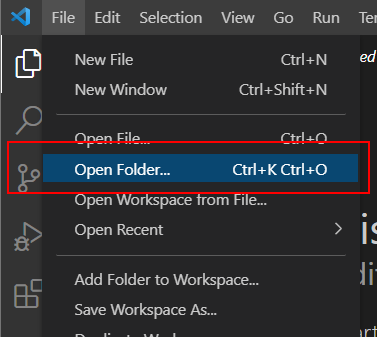 Visual Studio Code "Open Folder..." command
