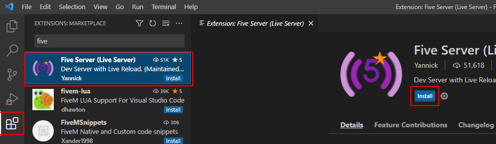 Visual Studio Code add "Five Server" extension