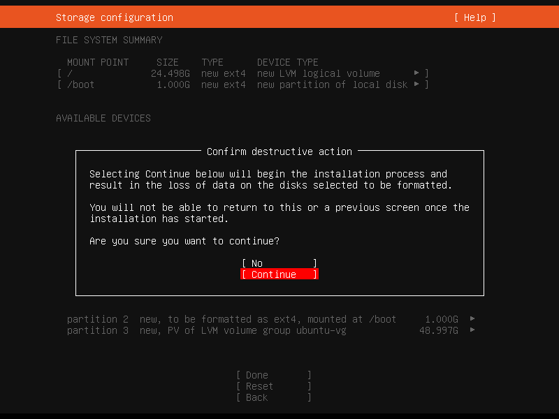Ubuntu Server setup - Confirm destructive action