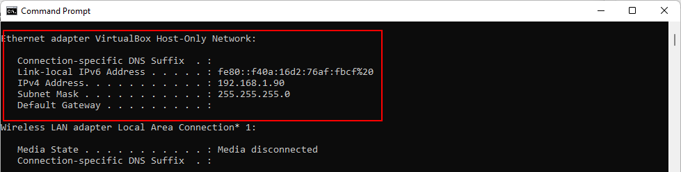 Get the IP address of a Windows PC using the command ipconfig