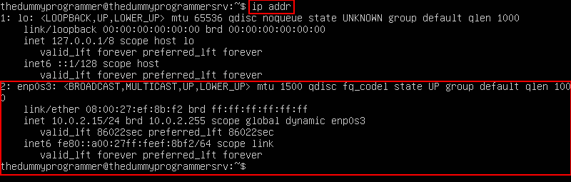 Get the IP address of your Ubuntu Server using the command ip addr