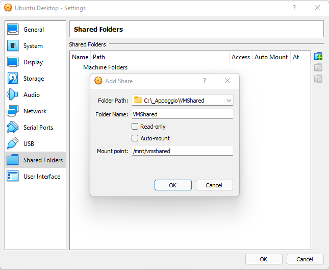 Configuration of the shared folder