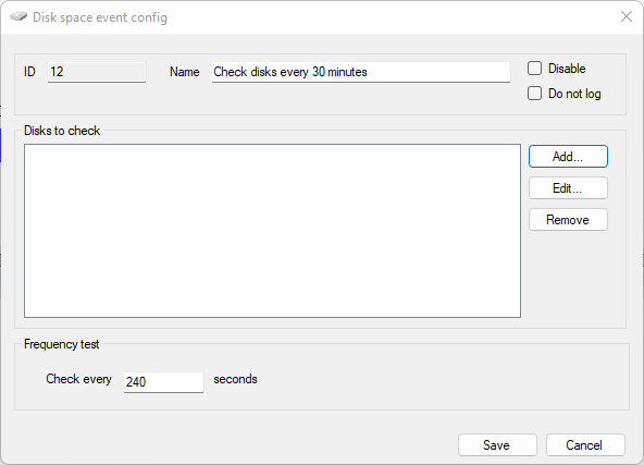 Disk space event configuration window