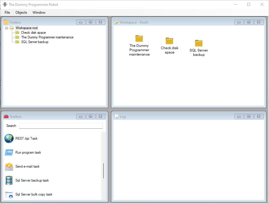 The Job Editor workspace area with the new "SQL Server backup" folder.