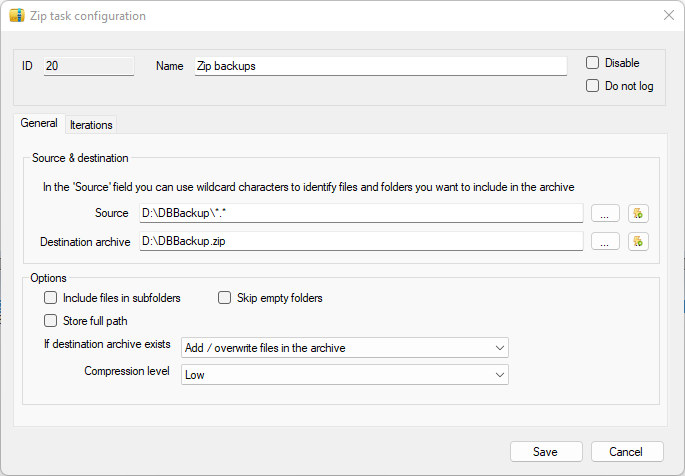 The zip task configuration window completed