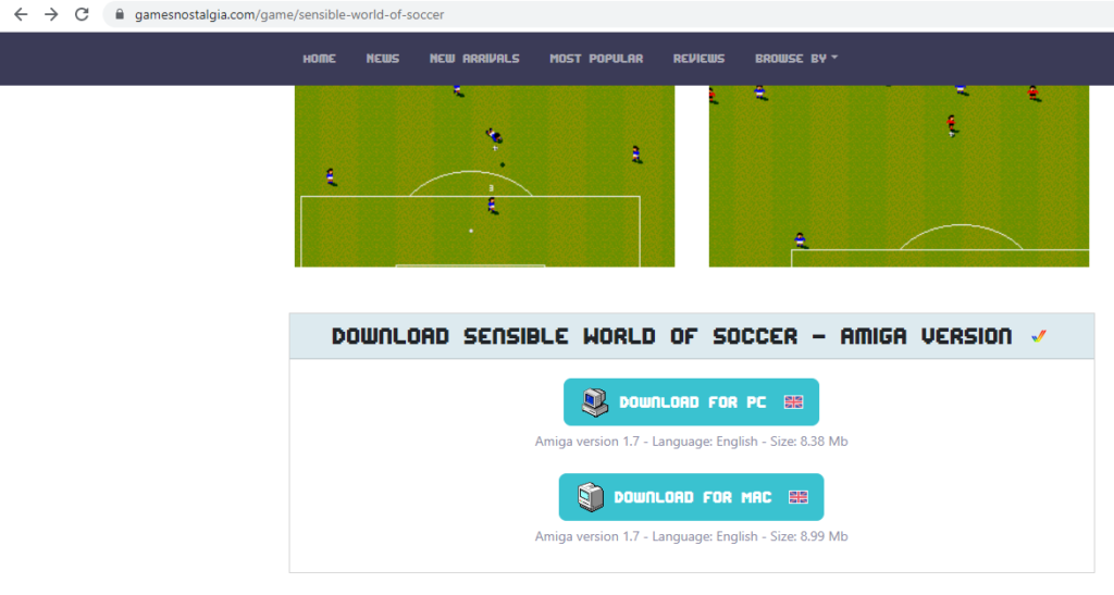 Sensible World of Soccer download page on GamesNostalgia.com