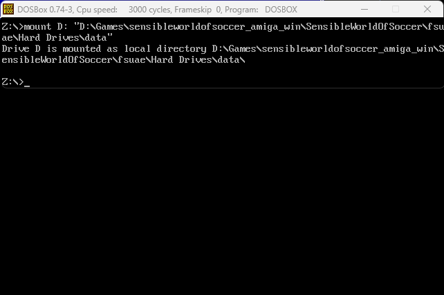 The DosBox command prompt after mounting SWOS directory