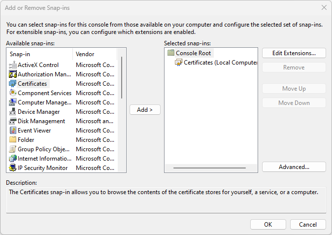 Add/Remove snap in the MMC console