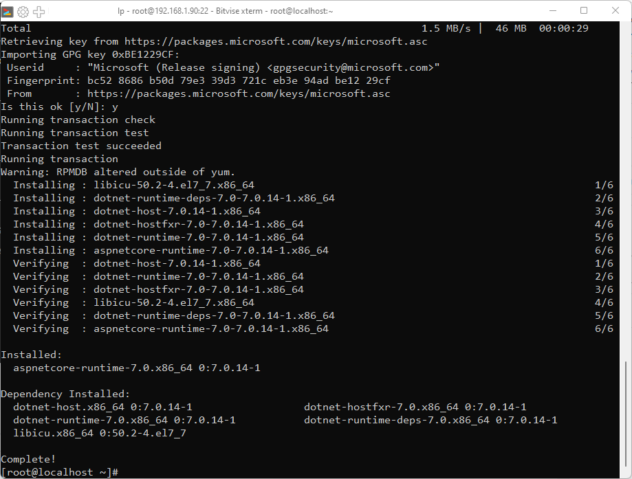 The Linux command prompt after .NET 7 runtime installation.